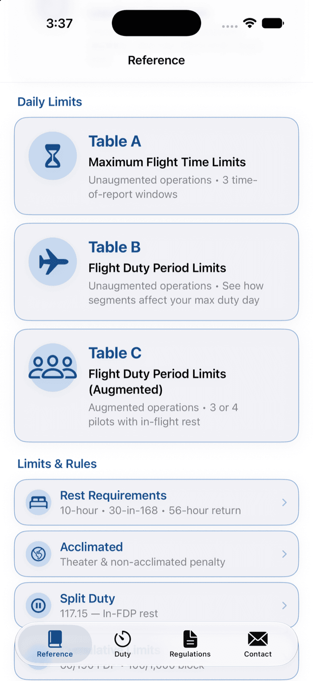 Built-in reference listing Part 117 Tables A, B, and C alongside rest and duty rules