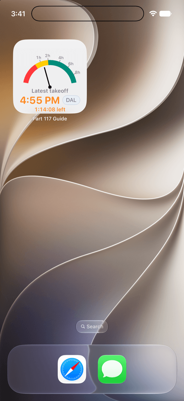 Home Screen widget showing a latest-takeoff gauge and time remaining